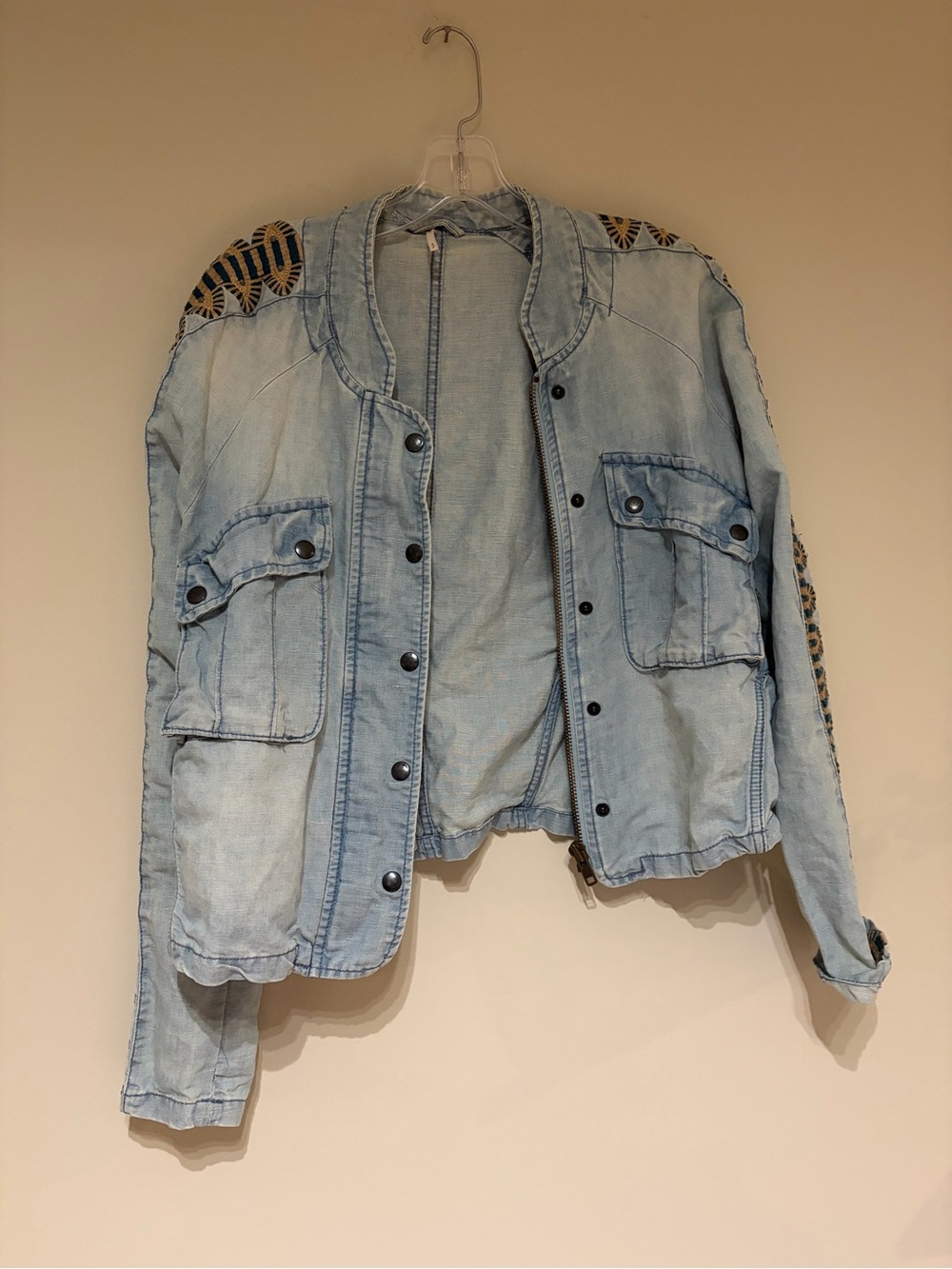 Free People Light Wash Denim Jacket with Embroidered Shoulders
